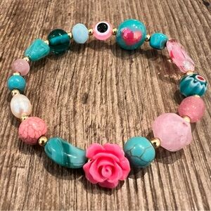 Turquoise and Pink Beaded Bracelet with Rose